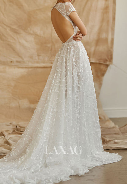 Deep V-Neck Cap-Sleeves Applique Tulle Pleated Sheer A-Line Wedding Dress with Train