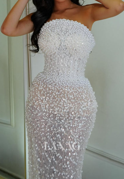 Tube Top Off-Shoulder Sleeveless Fully Sequined Beaded Pearls Sheer Mermaid Prom Dress