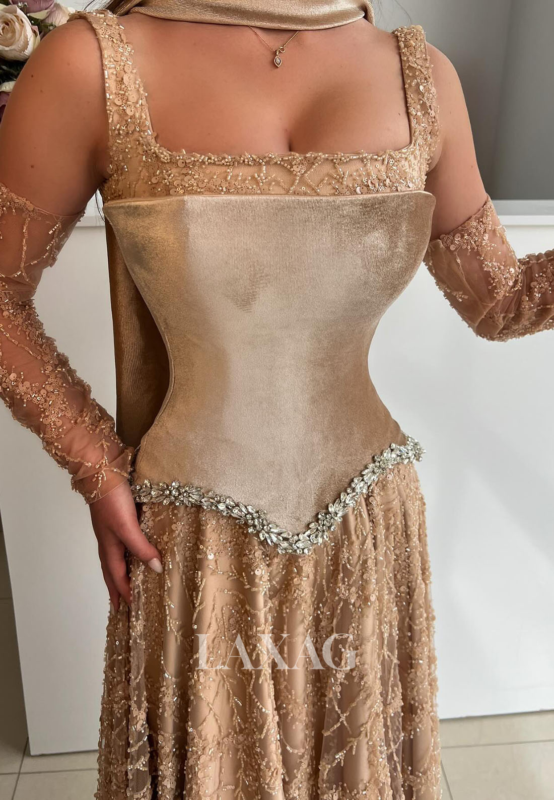 Square-Neck Straps Long-Sleeves Rhinestone Fully Sequined Beaded Pleated Tulle Fitted Evening Dress