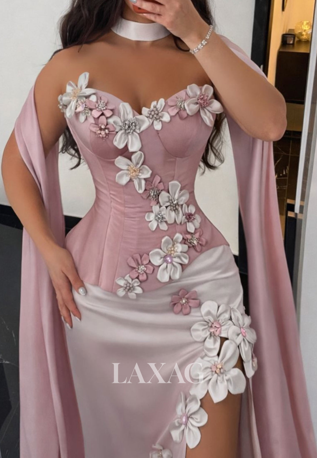 Sweetheart Sleeveless Floor-length Beaded 3D-Floral Satin Pleated Mermaid Prom Dress with Slit