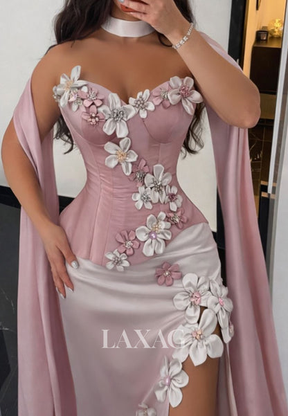 Sweetheart Sleeveless Floor-length Beaded 3D-Floral Satin Pleated Mermaid Prom Dress with Slit