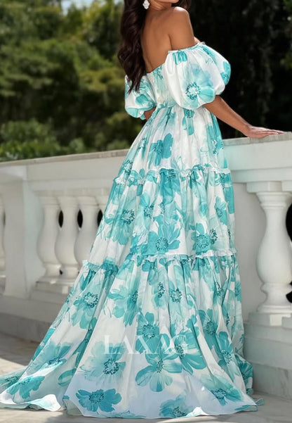 Sweetheart Puff-Sleeves Beaded A-Line Party Prom Dress Off-Shoulder Pleated Print-Satin Formal Gowns