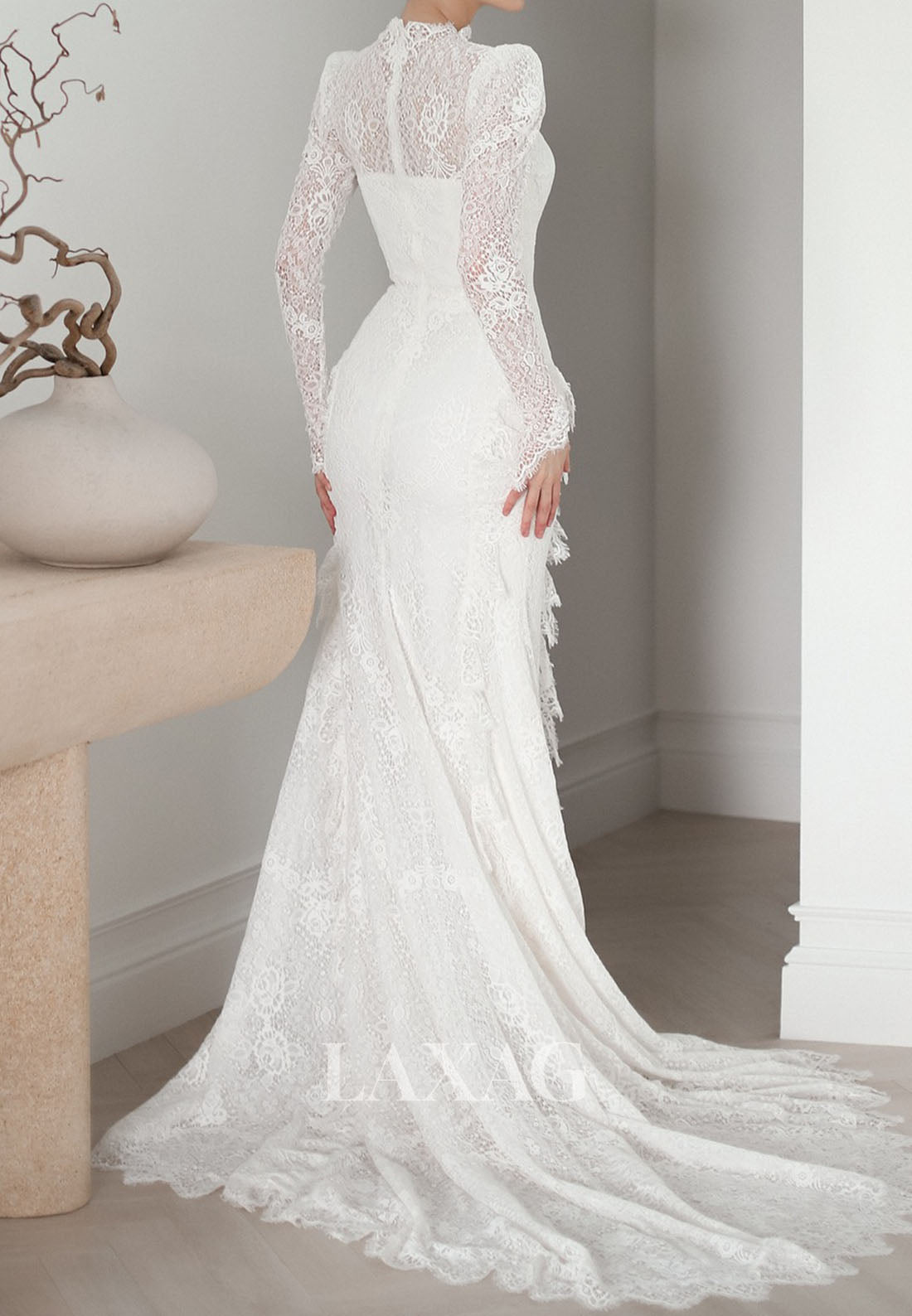 High-Neck Long-Sleeves Mermaid Wedding Dress Pleated Allover Lace Floor-Length Bride Gowns
