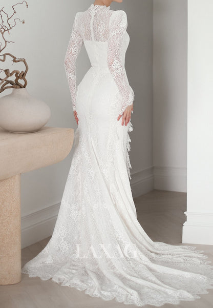 High-Neck Long-Sleeves Mermaid Wedding Dress Pleated Allover Lace Floor-Length Bride Gowns
