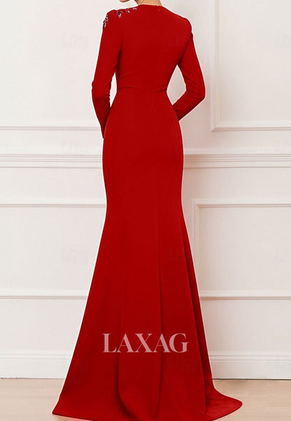 V-Neck Long-Sleeves Satin Formal Gowns Sequined Applique Sweep Train Mermaid Evening Dress