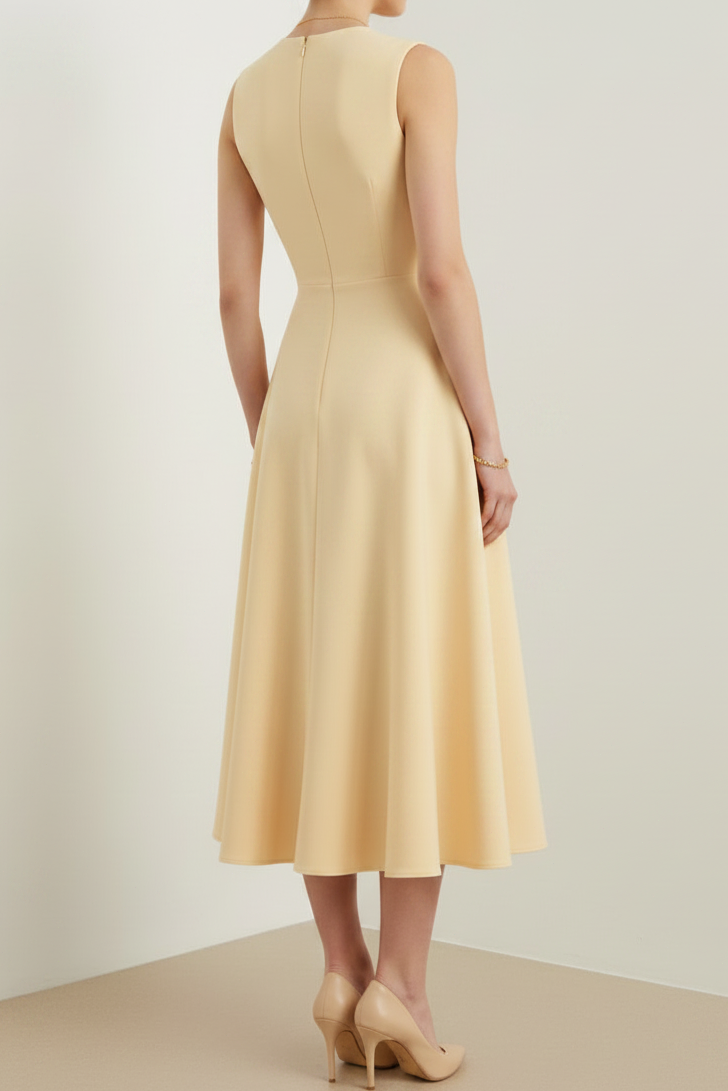 Scoop-Neck Sleevelss Satin Tea-Length A-Line Wedding Guest Dress with Bow