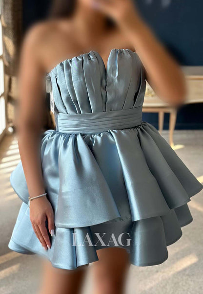 Bateau-Neck Off-Shoulder Sleeveless Pleated Satin Tiered Simple A-Line Party Homecoming Dress