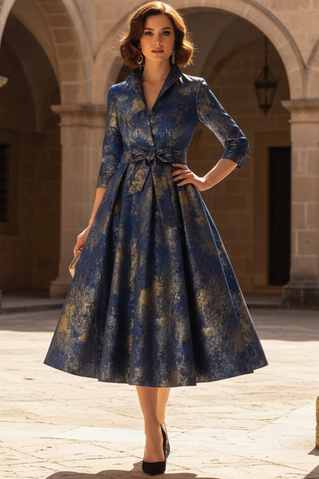 V-Neck Collared 3/4-Sleeves Jacquard Satin Tea-Length A-Line Mother of the Bride Dress