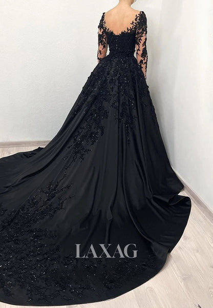 V-Neck Long-Sleeves Pleated Satin A-Line Wedding Dress Sequined Applique Formal Gowns