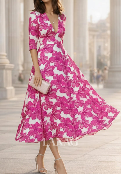 A-Line Deep V-Neck Half-Sleeves Jacquard Chiffon Pleated Sheer Ankle-Length Evening Dress