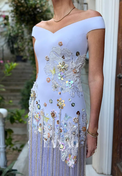 V-Neck Sequined Beaded Fringed Evening Dress Satin Floor-Length Mermaid Formal Gowns