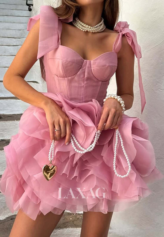 Sweetheart Bows-Straps Sleeveless Tulle Tiered Short A-Line Party Homecoming Dress