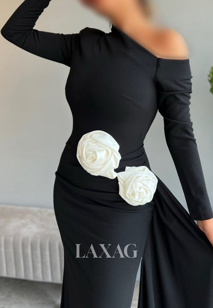 Asymmetrical-Neck Long-Sleeves 3D-Floral Satin Pleated Floor-Length Mermaid Evening Dress