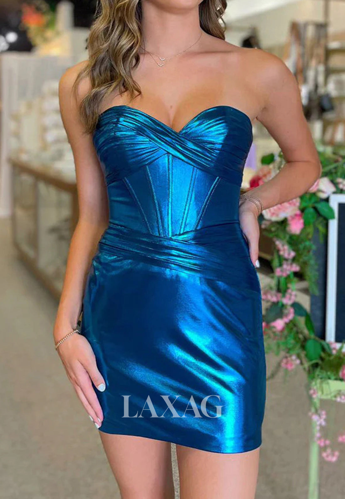 Sweetheart Off-Shoulder Sleeveless Pleated Metallic-Satin Short Mermaid Party Homecoming Dress