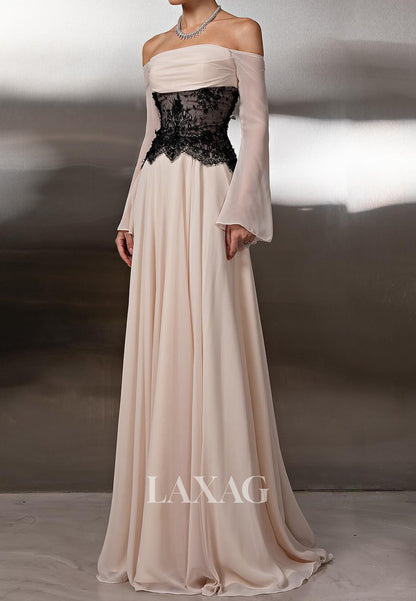 Bateau-Neck Off-Shoulder Long-Sleeves Pleated Chiffon&Lace A-Line Formal Evening Dress