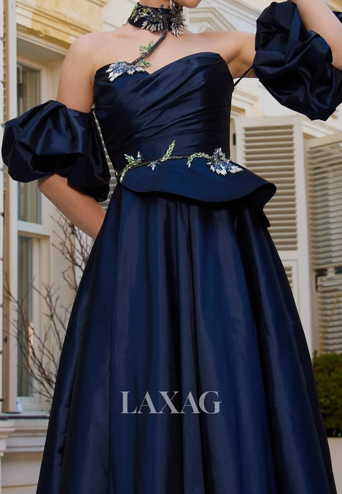 Sweetheart Sequined Floral Embellished Formal Gowns Floor-Length Satin A-Line Evening Dress