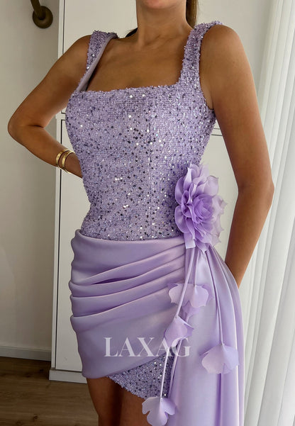 Square-Neck Straps Fully Sequined Floral Embellished Mermaid Homecoming Dress with Satin Train