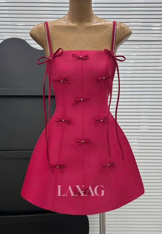 Square-Neck Spaghetti Straps Sleeveless Beaded Satin A-Line Party Homecoming Dress with Bows