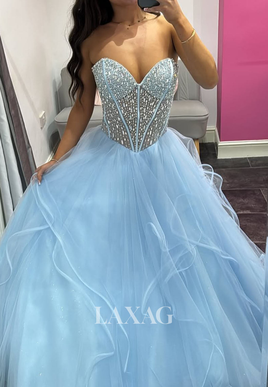 Off-Shoulder Sweetheart Sleeveless Beaded Tulle Pleated Tiered A-Line Party Prom Dress