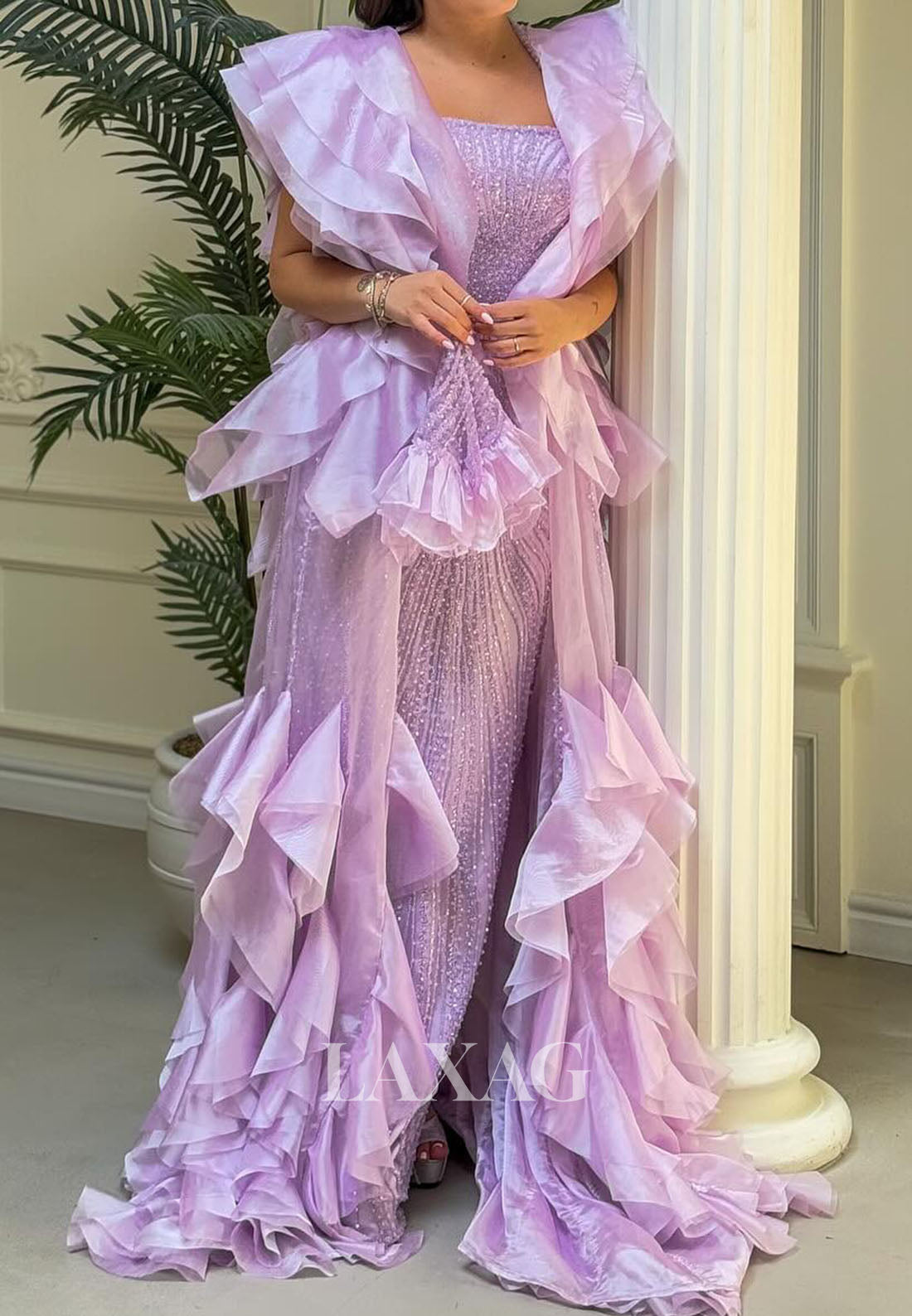 Tube Top Floor-Length Chiffon Pleated Mermaid Prom Dress Fully Sequined Beaded Evening Gowns