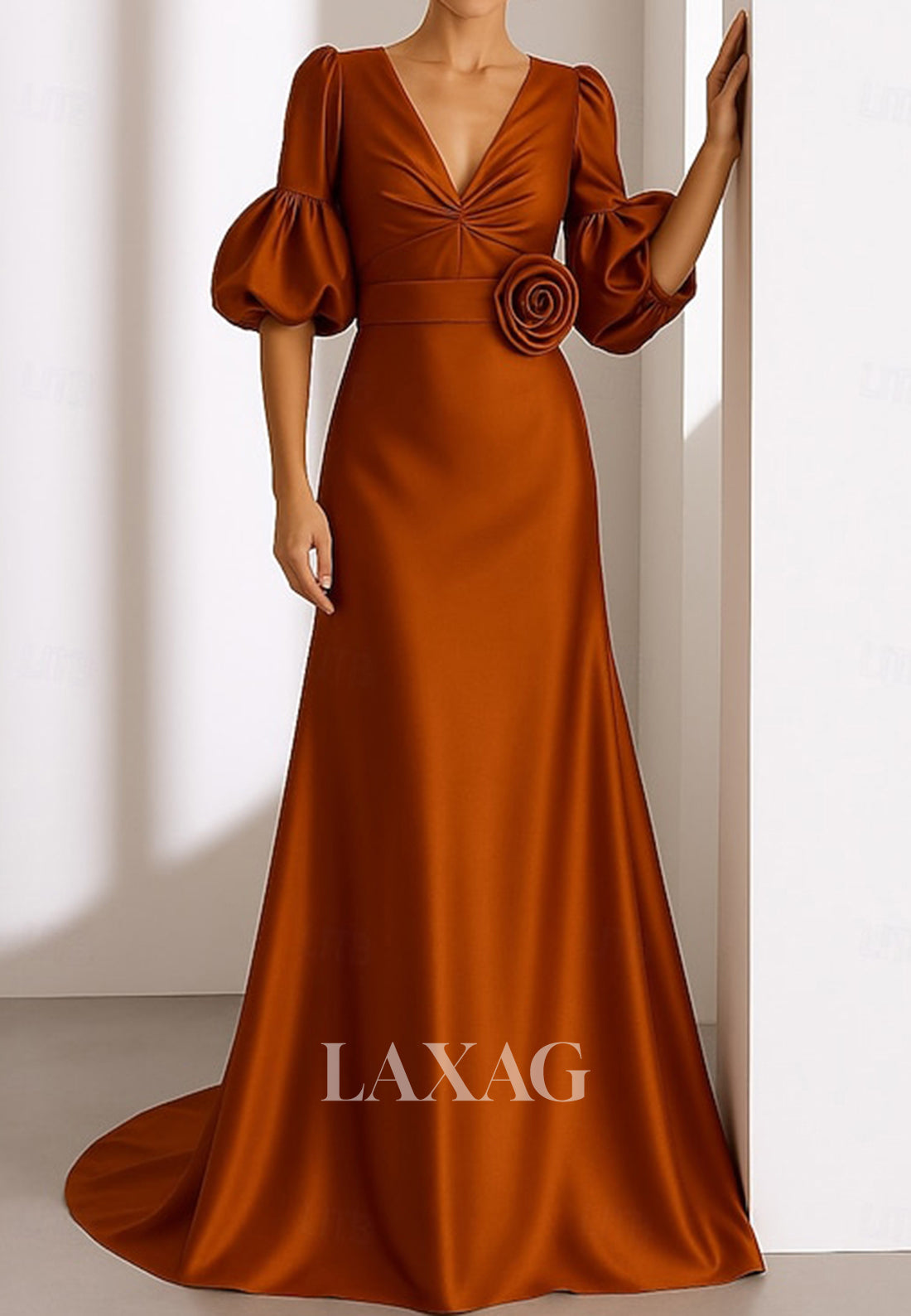 V-Neck Straps Half-Bell-Sleeves Floral Embellished Satin Pleated Floor-Length A-Line Evening Dress
