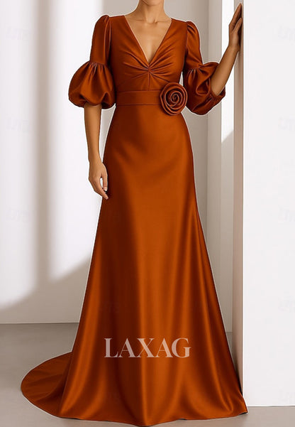 V-Neck Straps Half-Bell-Sleeves Floral Embellished Satin Pleated Floor-Length A-Line Evening Dress