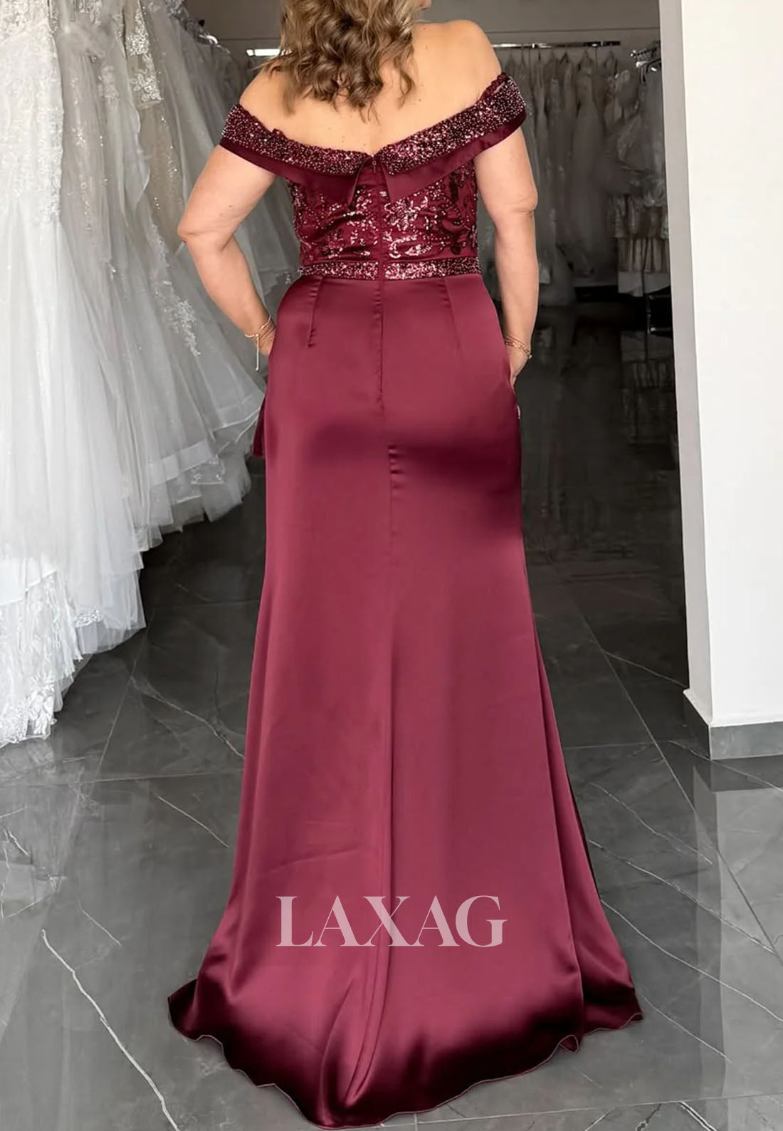 V-Neck Off-Shoulder Beaded Sequined Mermaid Prom Dress Pleated Satin Floor-Length Party Gowns