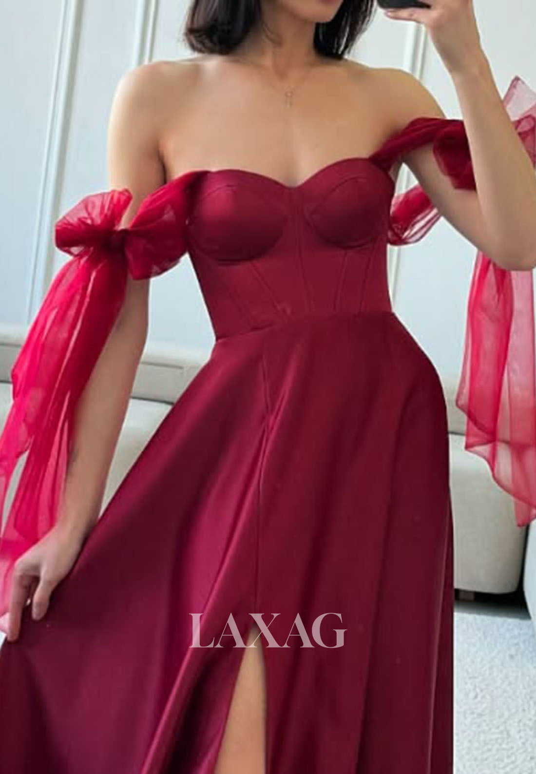 Off-Shoulder Sweetheart Sleeveless Floor-Length Pleated Satin High Slit A-Line Prom Dress