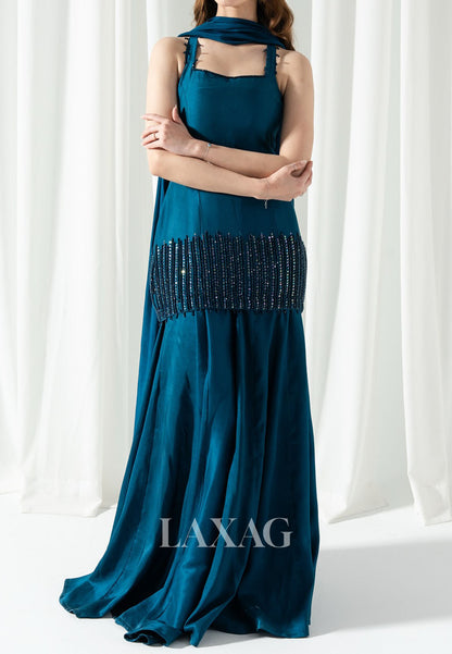 Square-Neck Straps Sleeveless Floor-Length Beaded Pleated Satin A-Line Evening Dress