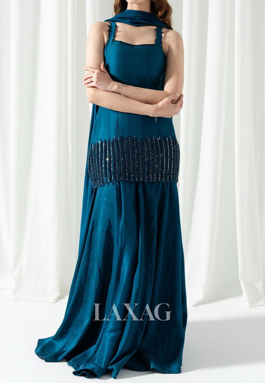 Square-Neck Straps Sleeveless Floor-Length Beaded Pleated Satin A-Line Evening Dress