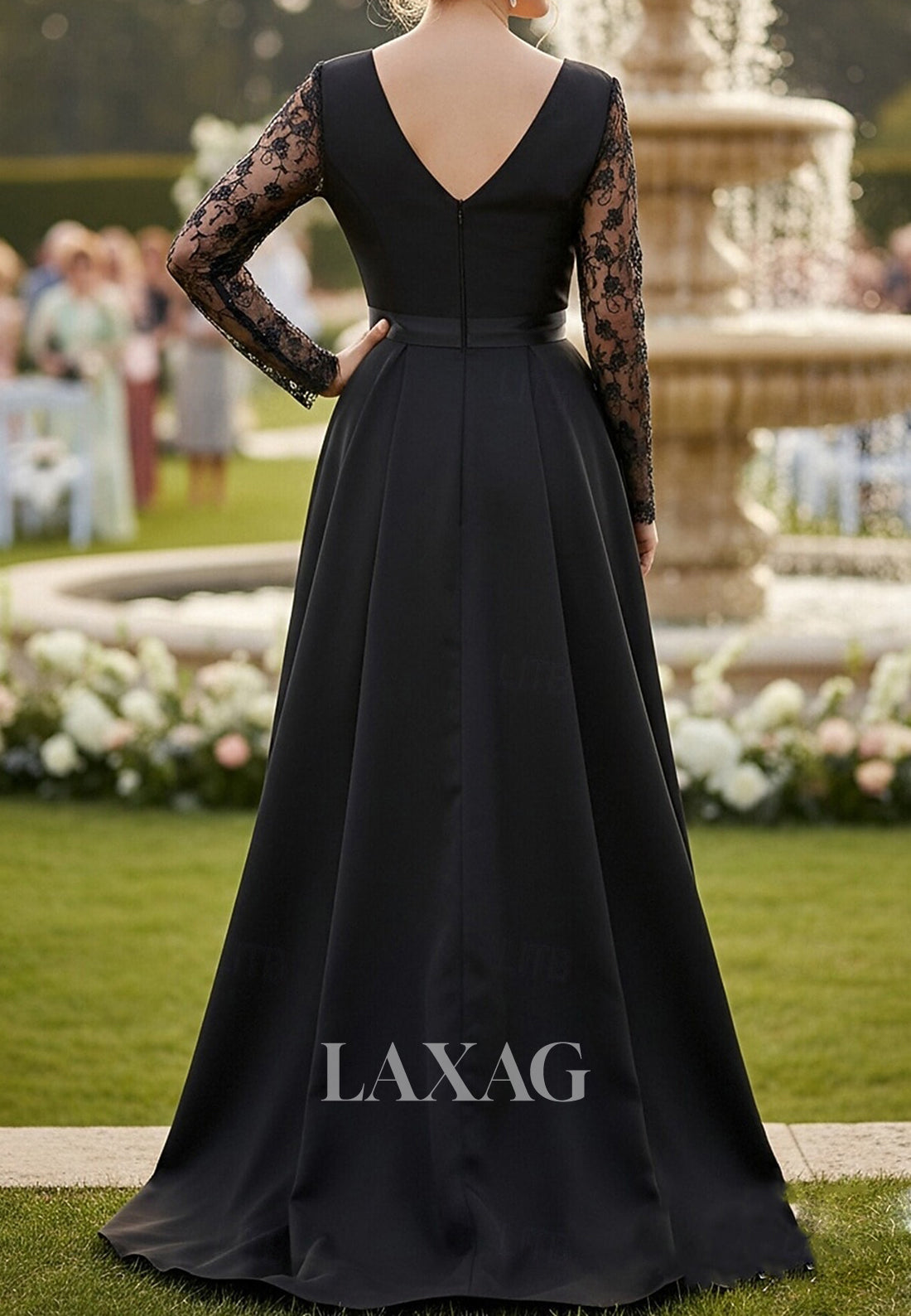 Deep V-Neck Long-Sleeves Sequined Applique Satin A-Line Mother of the Bride Dress