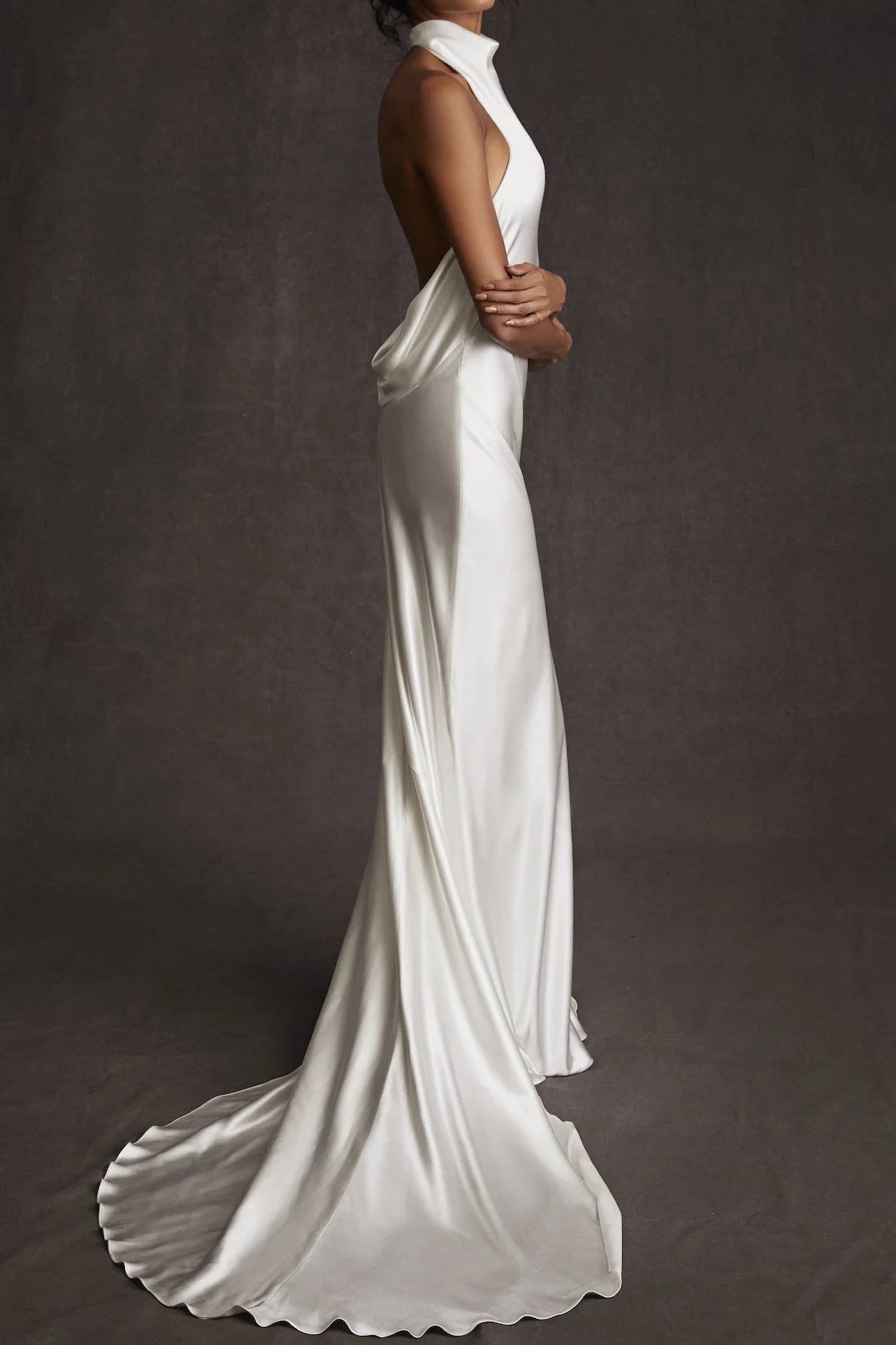 Halter-Neck Off-Shoulder Sleeveless Satin Pleated Sweep Train Mermaid Wedding Dress