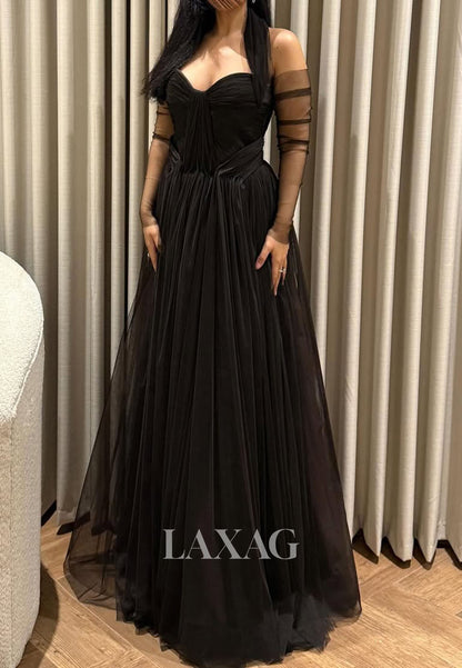 Sweetheart Off-Shoulder Long-Sleeves Floor-Length Sheer Pleated Tulle A-Line Evening Dress