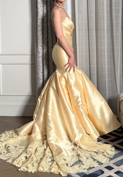 Sweetheart Sleeveless Lace Applique Satin Pleated Trumpet Mermaid Evening Dress with Train