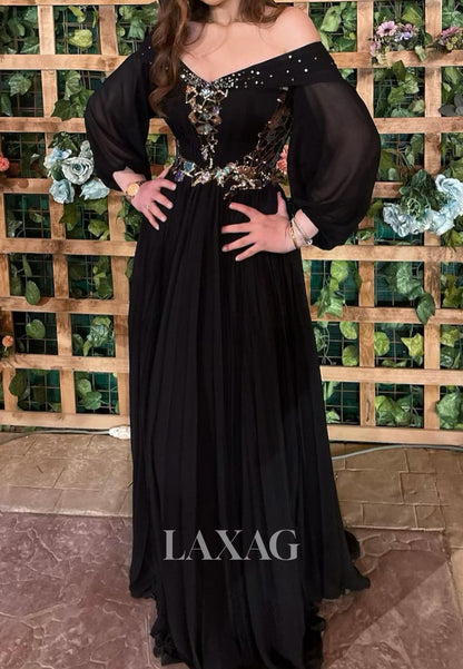 V-Neck Long-Sleeves Multi-Color Sequined Pleated Chiffon Floor-Length A-Line Evening Dress