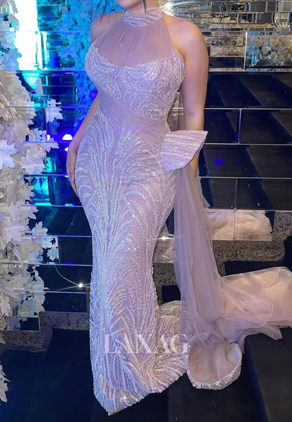 Halter-Neck Fully Sequined Mermaid Evening Dress Sleeveless Pleated Tulle Formal Gowns