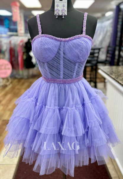 Sweetheart Spaghetti Straps Sleeveless Beaded Pleated Tulle Tiered A-Line Party Homecoming Dress
