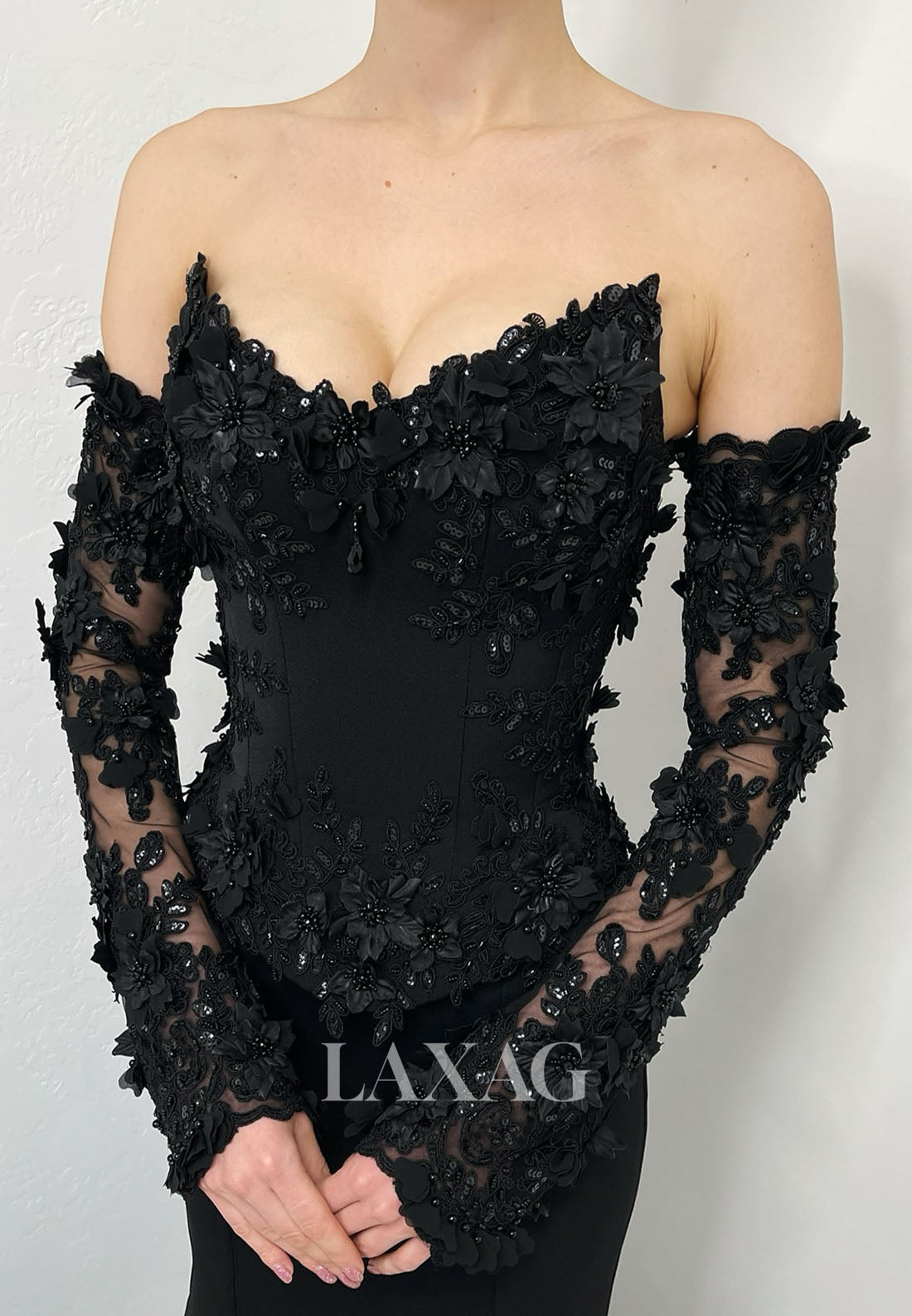 V-Neck Off-Shoulder Pleated Satin Formal Gowns Floral Embellished Mermaid Wedding Dress with Gloves