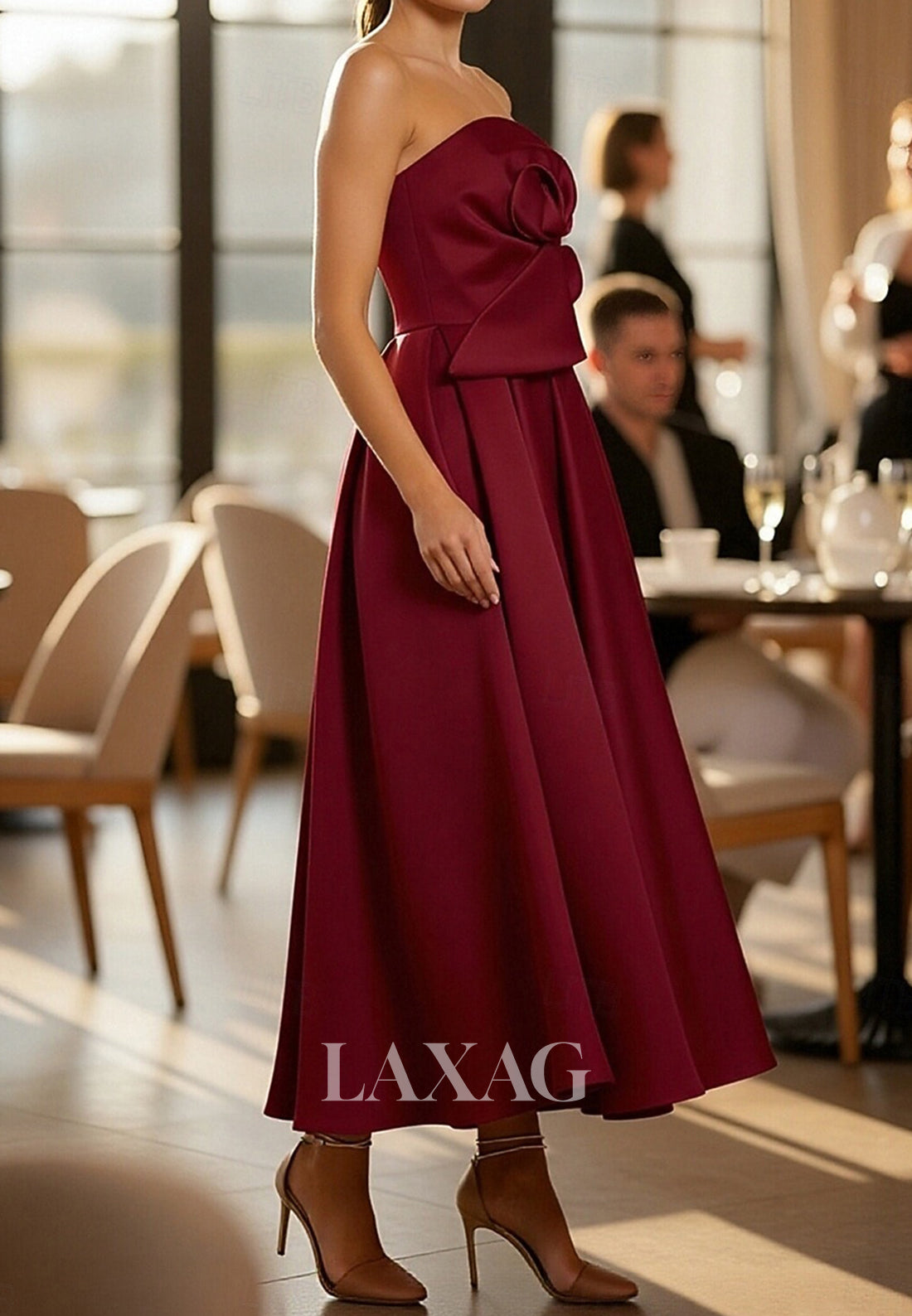 Tube Top Off-Shoulder Sleeveless Satin Pleated Tea-Length A-Line Mother of the Bride Dress