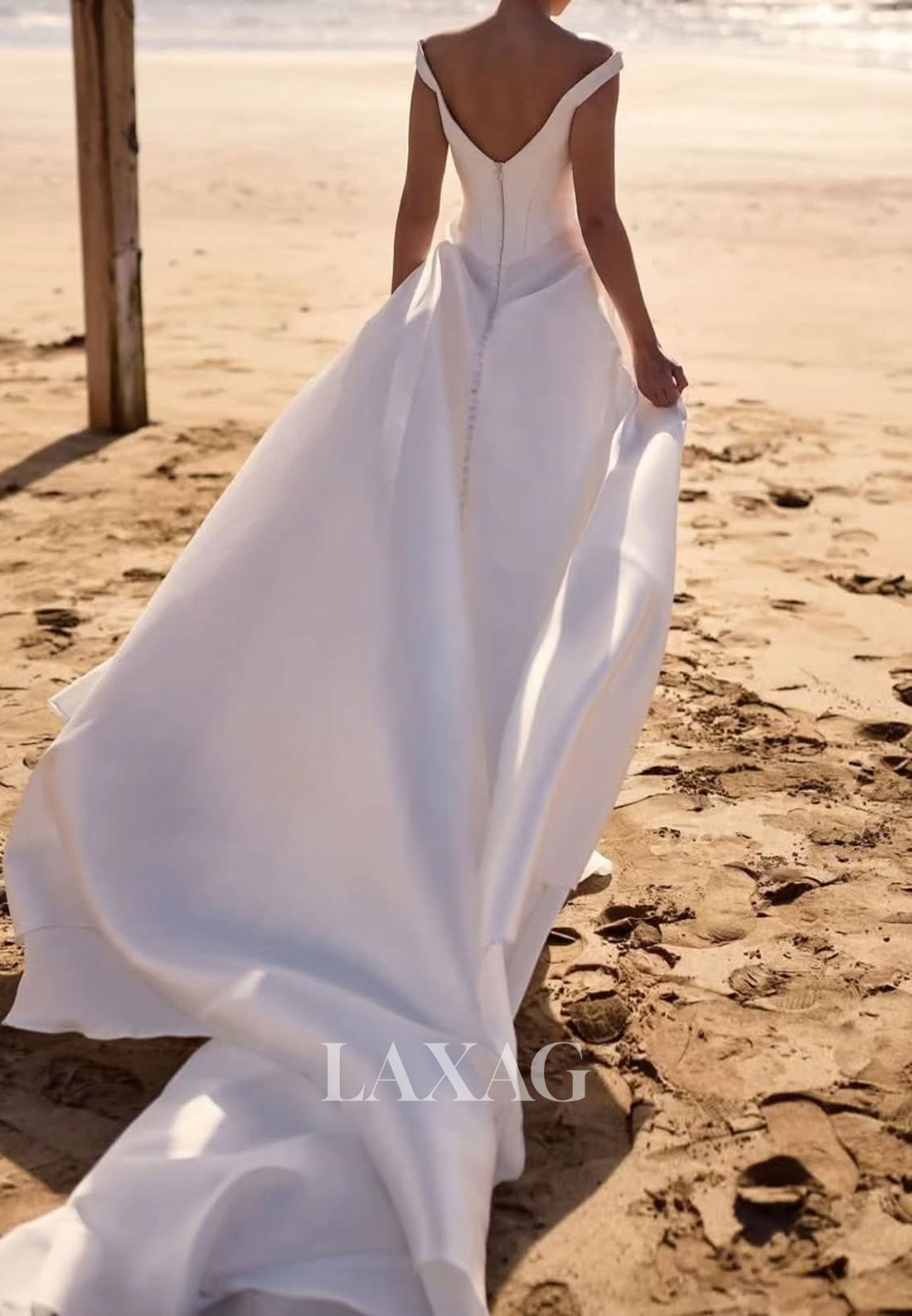 Bateau-Neck Off-Shoulder Sleeveless Satin Pleated High Slit Mermaid Wedding Dress with Train