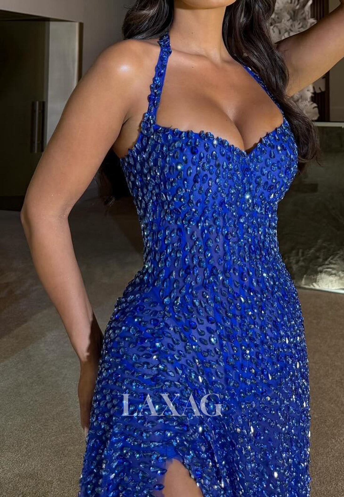 Off-Shoulder Halter-Sweetheart Sleeveless Fully Rhinestone Tulle High-Slit Mermaid Prom Dress