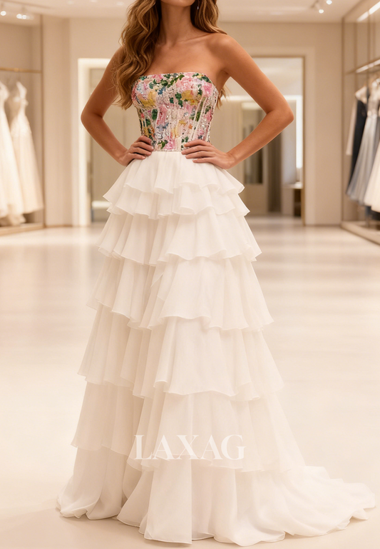 Tube Top Chiffon Pleated Tiered A-Line Prom Dress Off-Shoulder Multi-Color Sequined Party Gowns