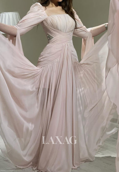 Square-Neck Cape-Sleeves A-Line Prom Dress Pleated Chiffon Party Gowns with Train