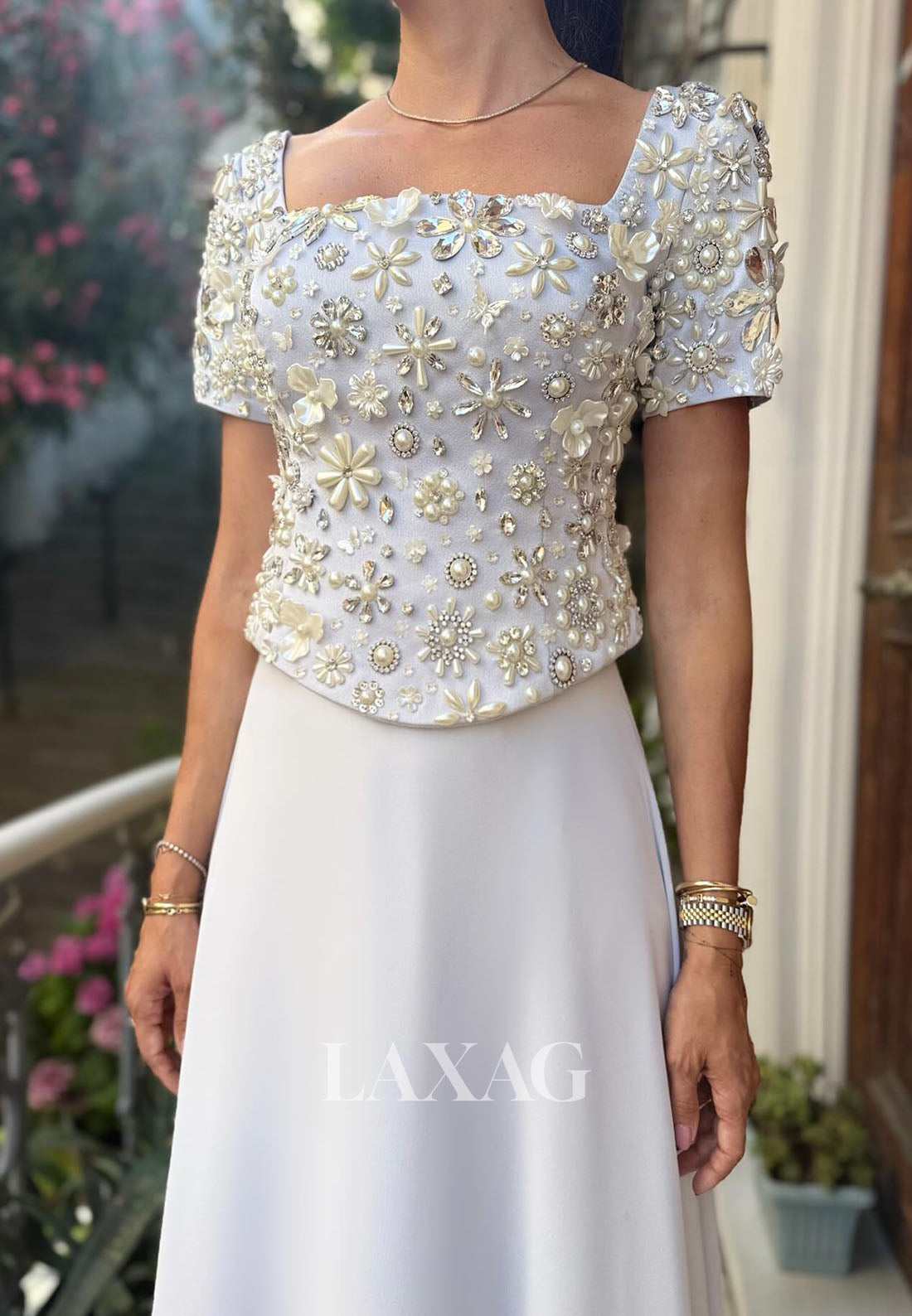 Scoop-Neck Rhinestone Sequined Beaded Formal Gowns Short-Sleeves A-Line Evening Dress