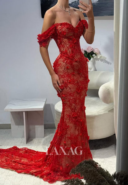 Sweetheart Beaded Allover Lace Party Gowns Off-Shoulder Floral Embellished Mermaid Prom Dress