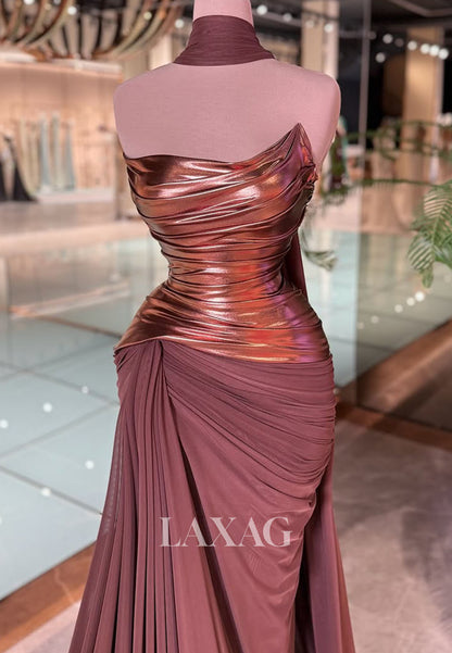 Asymmetrical-Neck Off-Shoulder Sleeveless Sweep Train Pleated Satin Mermaid Evening Dress