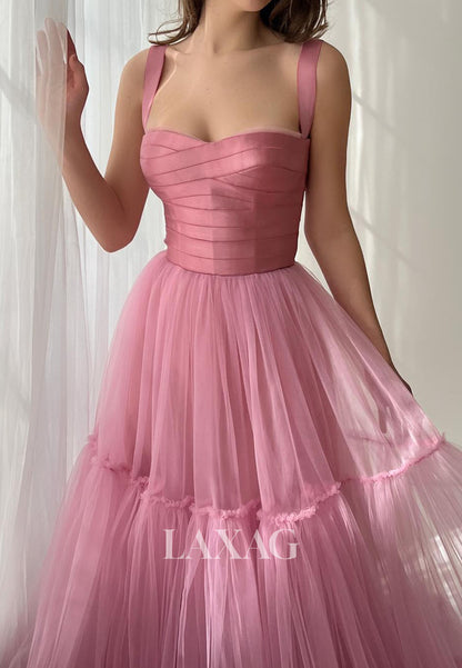 Sweetheart Sleeveless Straps A-Line Prom Dress Off-Shoulder Pleated Satin&Tulle Party Gowns