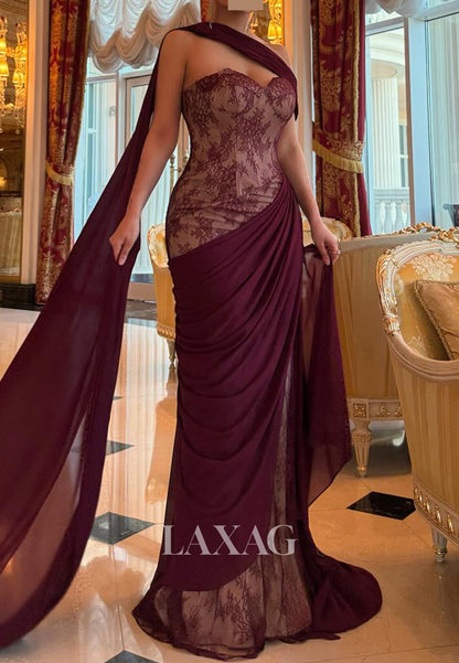 Sweetheart Sleeveless Lace&Chiffon Pleated Floor-Length Mermaid Evening Dress