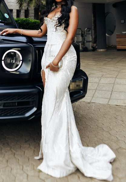 Off-Shoulder Sequined Beaded Mermaid Prom Dress Sweetheart Sleeveless Satin Party Gowns