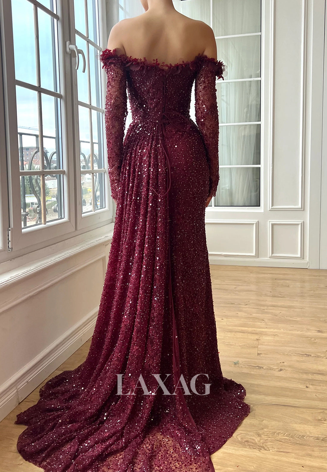 Bateau-Neck Long-Sleeves Pleated Mermmaid Prom Dress Fully Sequined Pleated Slit Evening Gowns